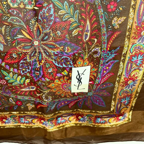 Yves Saint Laurent 100% SilkChiffon/Satin Scarf 42" Brown Red Green Floral ( 29 - Picture 15 of 15